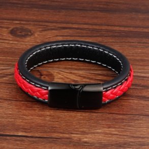 Bredt lder armbnd til mnd sort og rdt