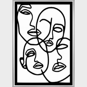 Abstrakte ansigter i sort karton, med slv ramme